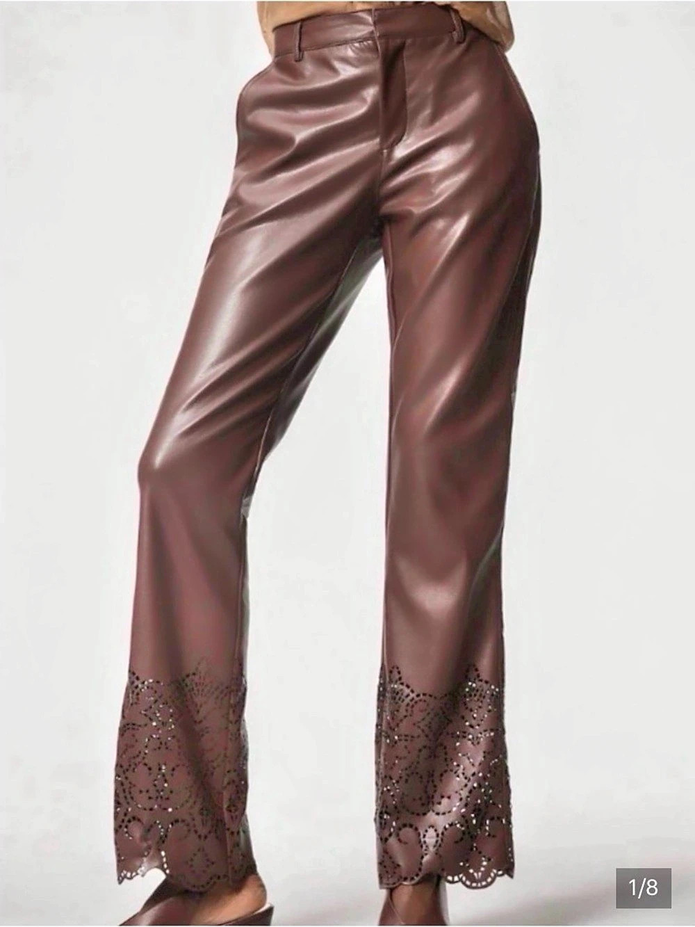 Anthropologie Laser-Cut Faux Leather Trousers Brown Straight Leg Pants